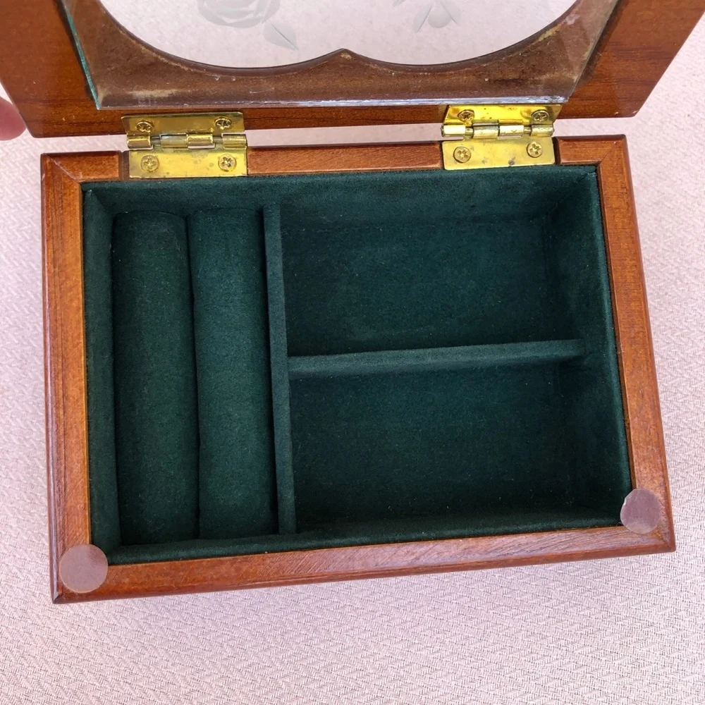 Vintage Solid Wood Small Jewelry Box, Heart Shape Etched Glass Window, Padded
